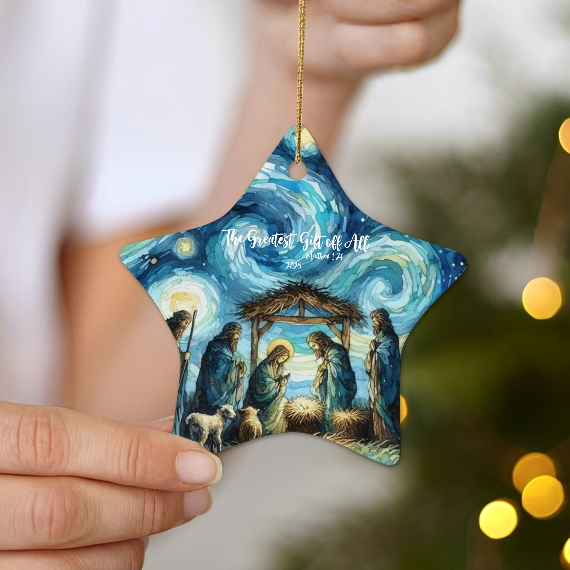 Starry Night Nativity Scene Christmas Ornament, The Greatest Gift of All Matthew 1:21, Holy Family Ornament, Christian Holiday Decoration DCLAF40